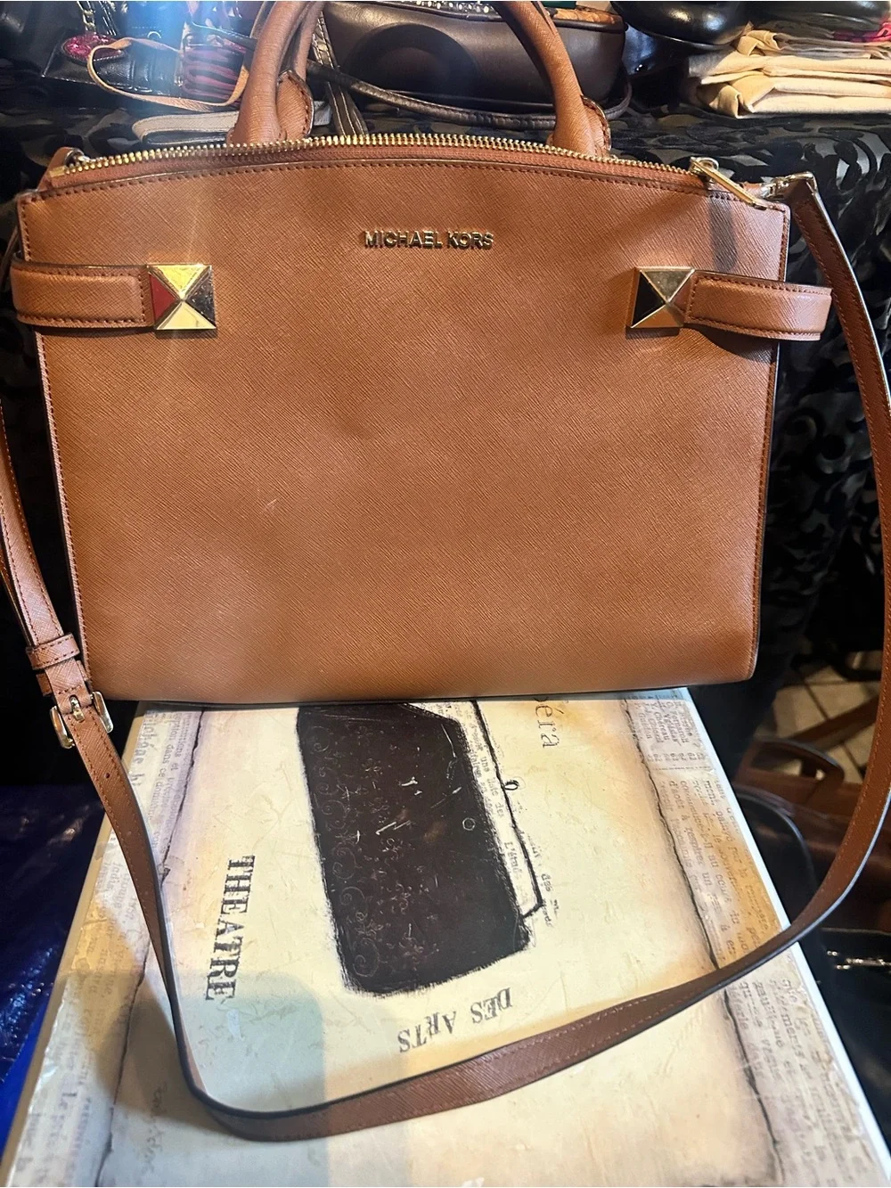 Michael Kors Cognac Leather Satchel with Gold Accents